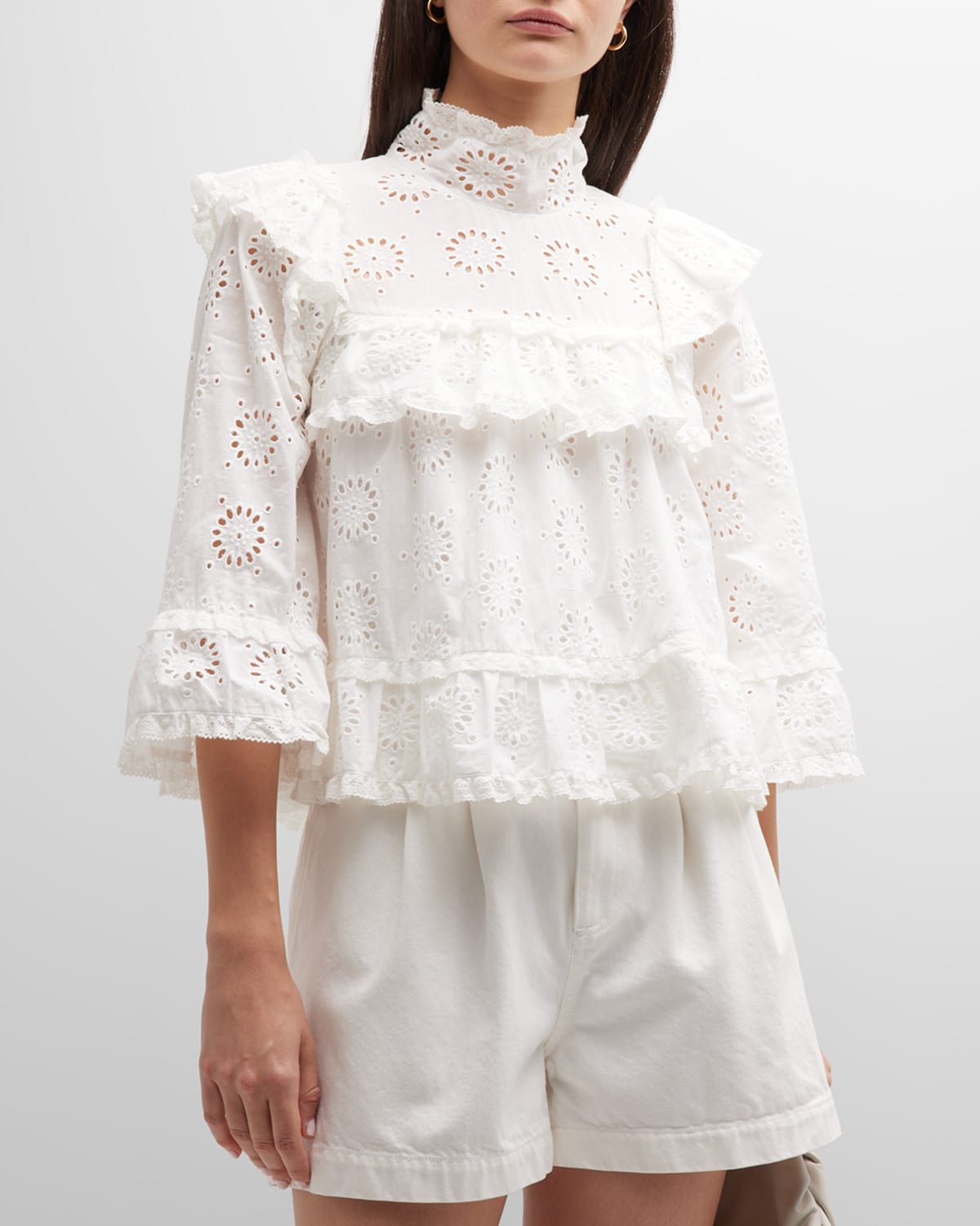 Stellah Eyelet Trimmed Bell-sleeve Blouse In White