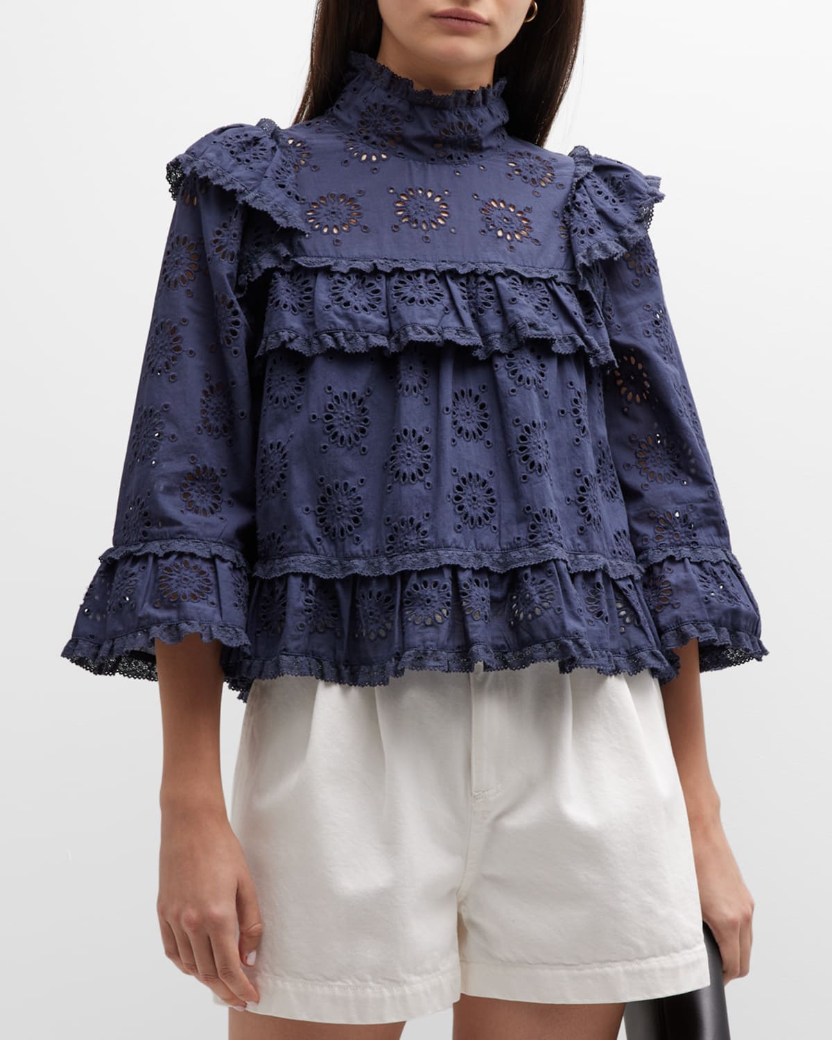 Shop Stellah Eyelet Trimmed Bell-sleeve Blouse In Navy