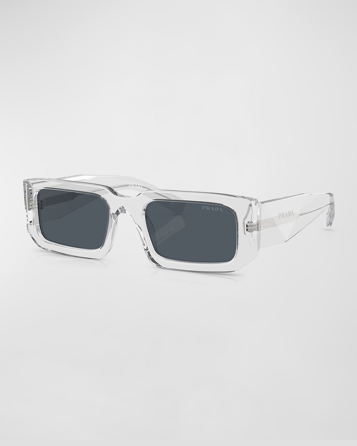 Shop Prada Men's Rectangle Logo Sunglasses In Transparent Grey