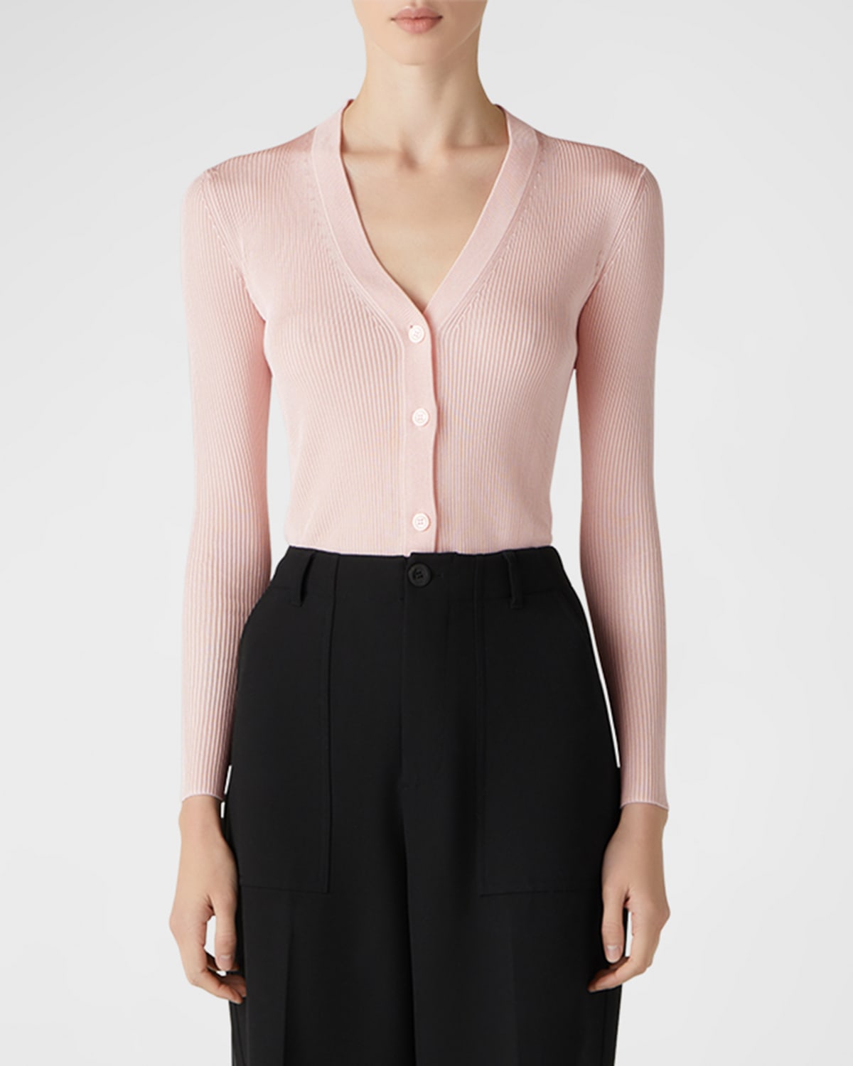 St. John Rib Knit V neck Cardigan In Light Pink ModeSens