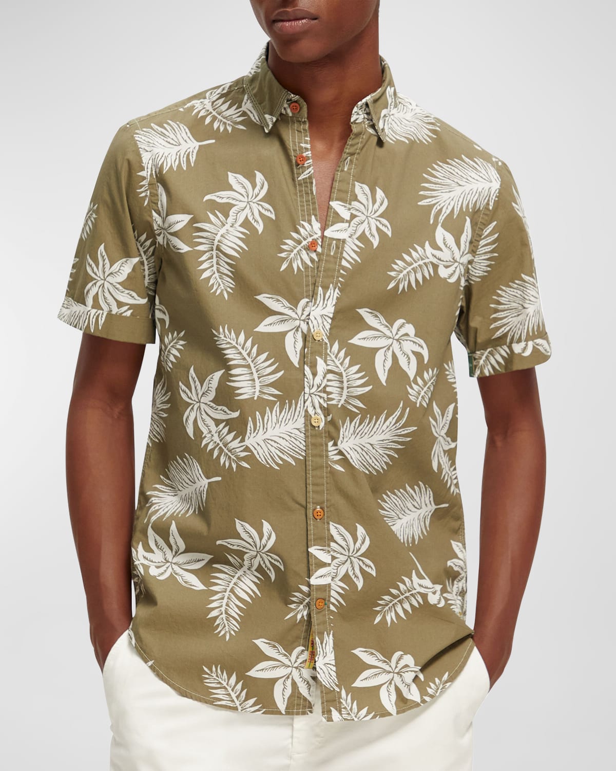Scotch & Soda Regular Fit Printed Poplin Shirt In Khaki Leaf
