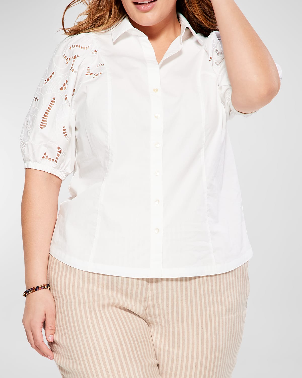 Nic+zoe Plus Plus Size Puff-sleeve Eyelet Shirt In Paper White