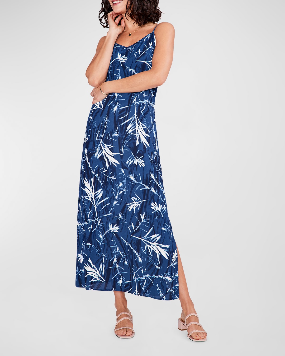 Side-Slit Botanical-Print Slip Dress