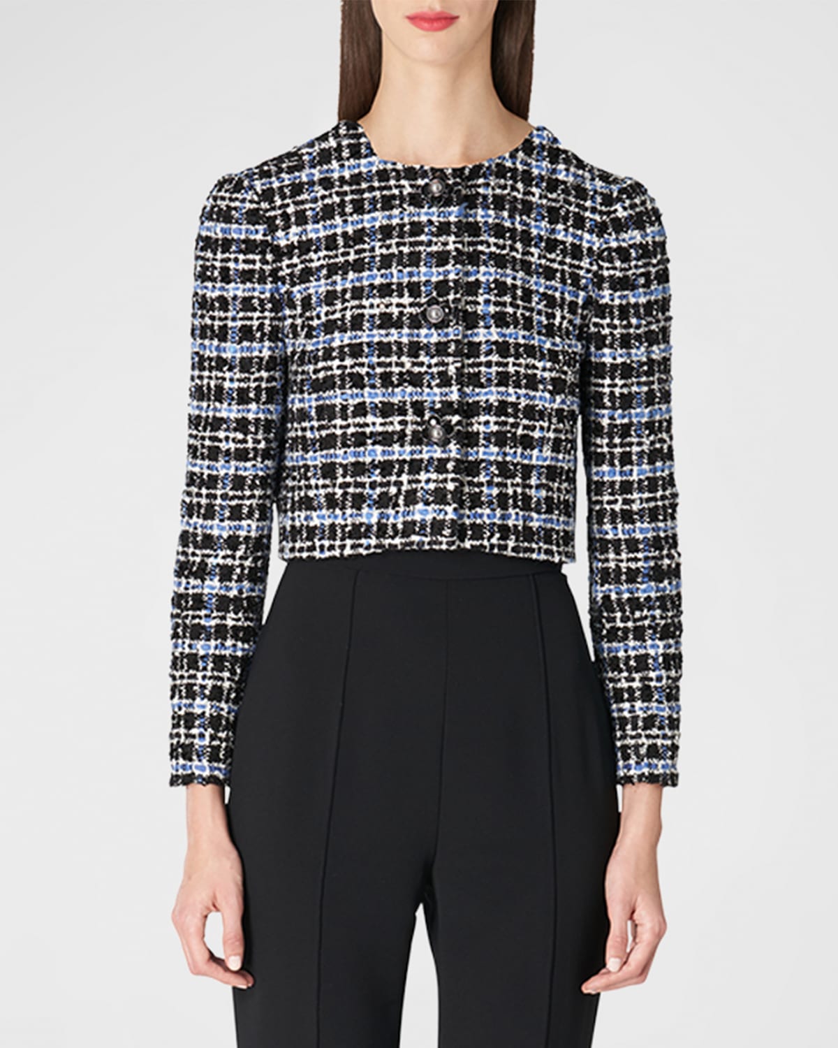 CAROLINA HERRERA CHECK COLLARLESS CROP TWEED JACKET