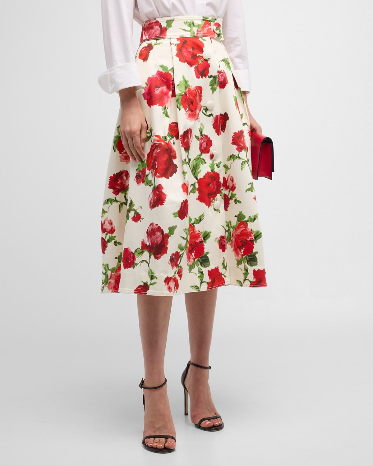 Carolina Herrera Rose Print Button Front Cotton A-line Skirt In Pearl Multi