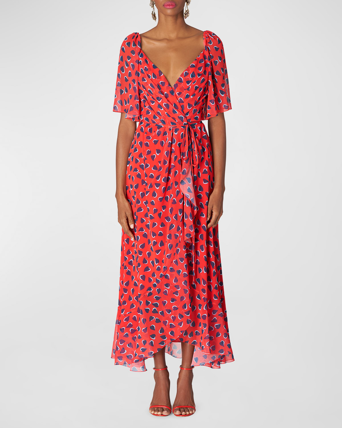 Shop Carolina Herrera Heart-print Flutter-sleeve Wrap Midi Dress With Ruffle Hem In Poppy Multi
