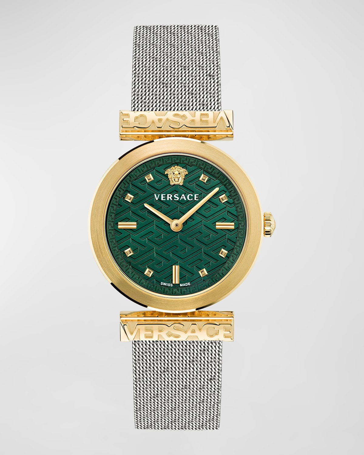 Shop Versace 34mm  Regalia Watch With Mesh Bracelet, Two-tone/green In Two Tone
