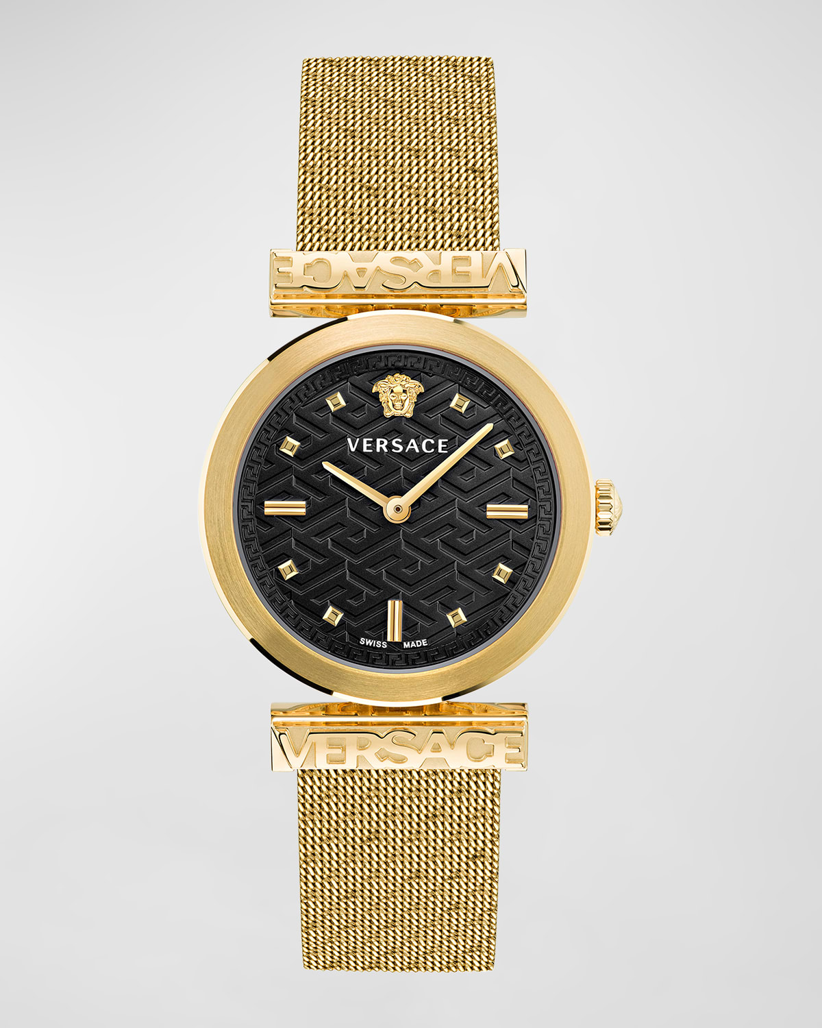 Versace Regalia Bracelet Watch With Black Guilloche Dial In Gold