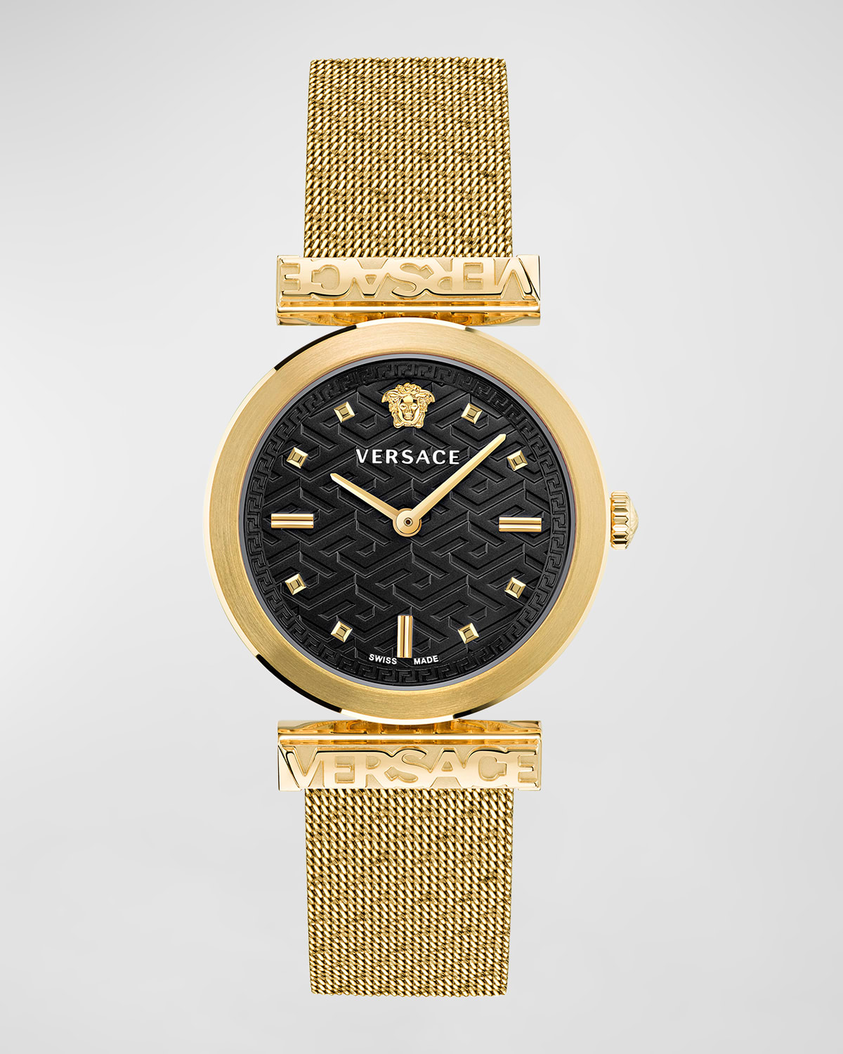 VERSACE 34MM VERSACE REGALIA WATCH WITH MESH BRACELET, YELLOW GOLD/BLACK