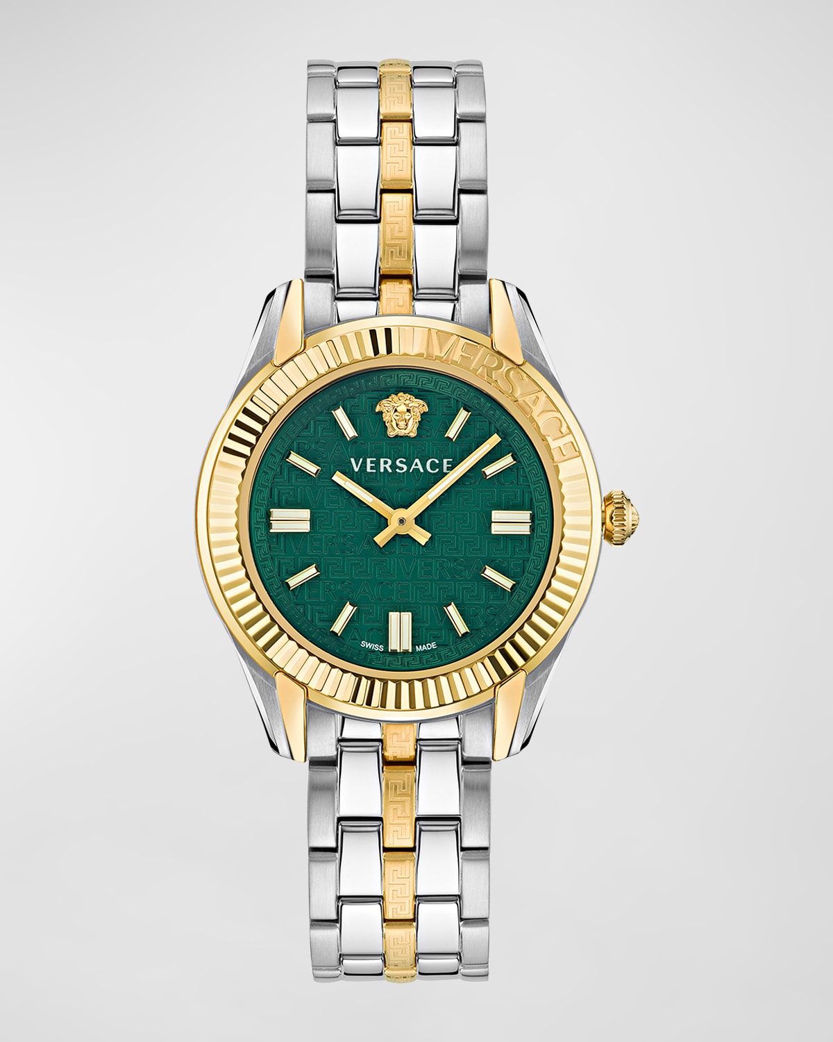 Shop Versace 35mm Greca Time Watch With Bracelet Strap, Two-tone/green In Two Tone
