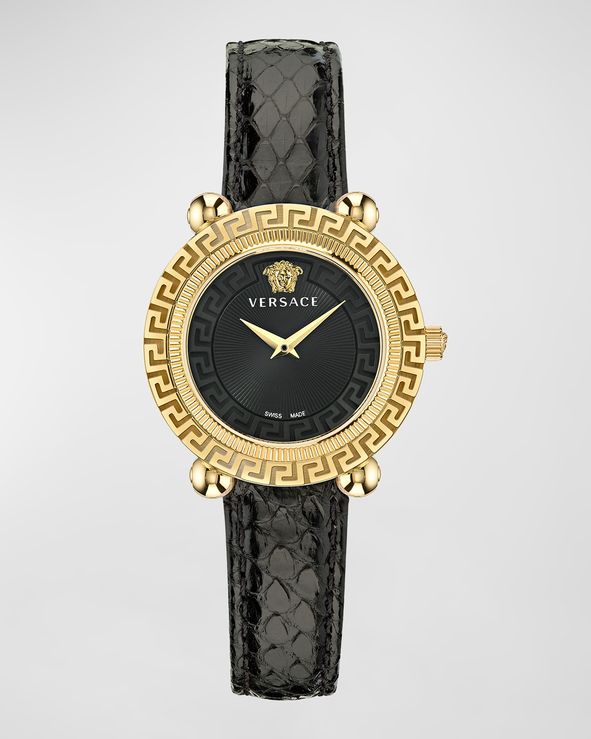VERSACE 35MM GRECA TWIST WATCH WITH LEATHER STRAP, YELLOW GOLD/BLACK