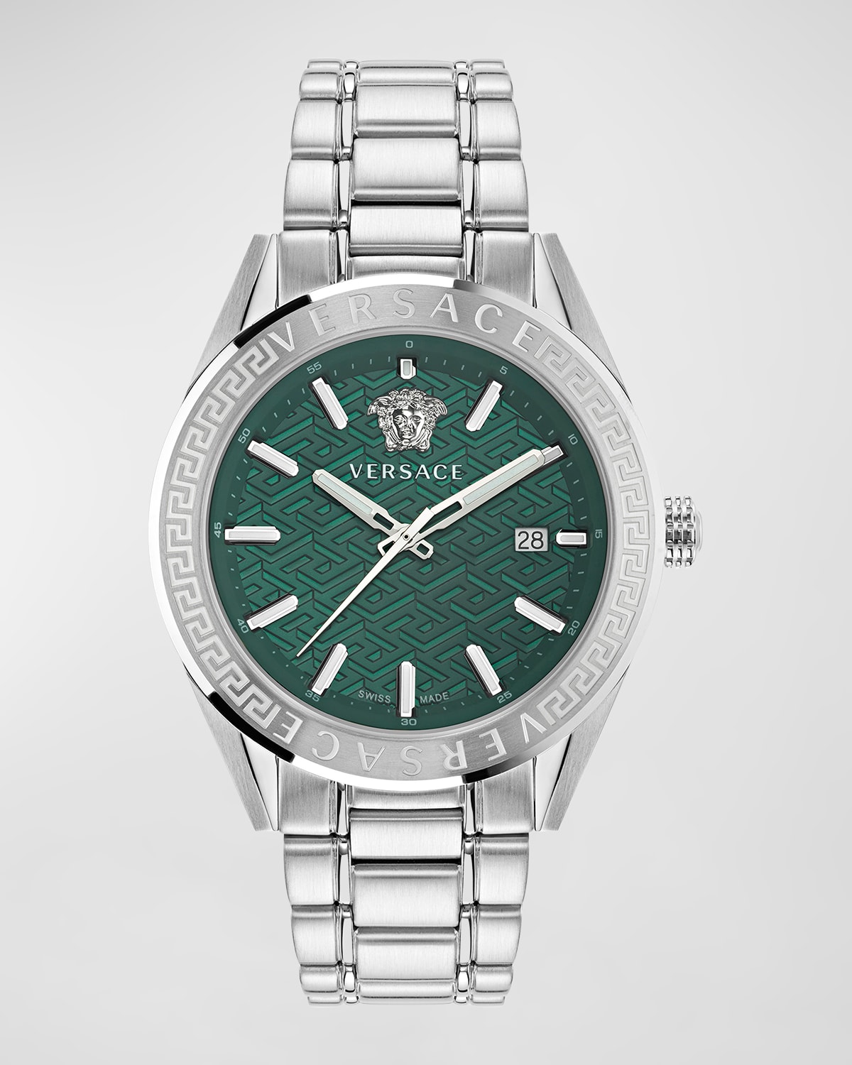 Shop Versace Men's V-code Greca Stainless Steel Bracelet Watch, 42mm In Silver