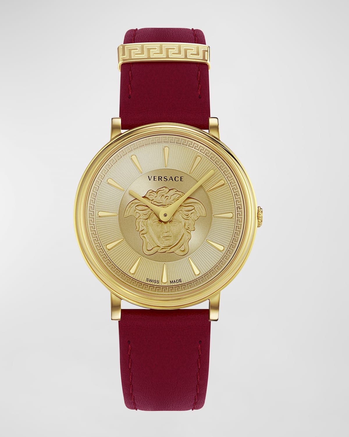 Shop Versace 38mm V-circle Medusa Watch With Leather Strap, Yellow Gold/red