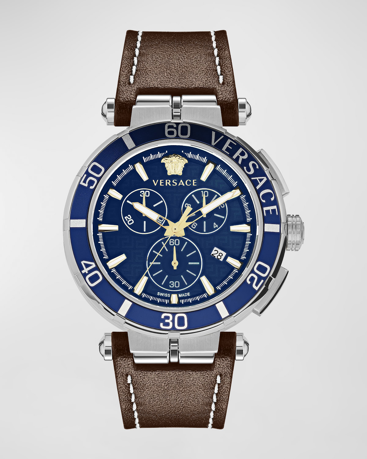 Versace Greca Chrono Strap Watch In Silver