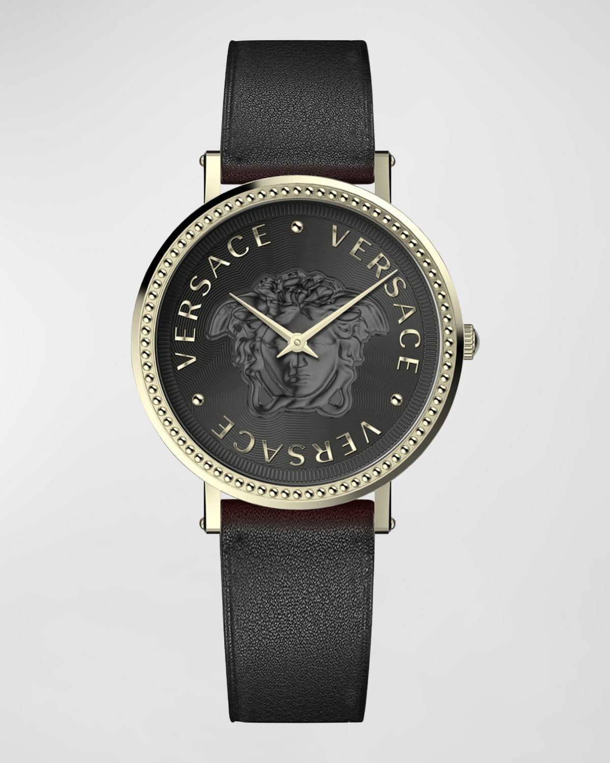 VERSACE 37MM V-DOLLAR WATCH WITH LEATHER STRAP, YELLOW GOLD/BLACK