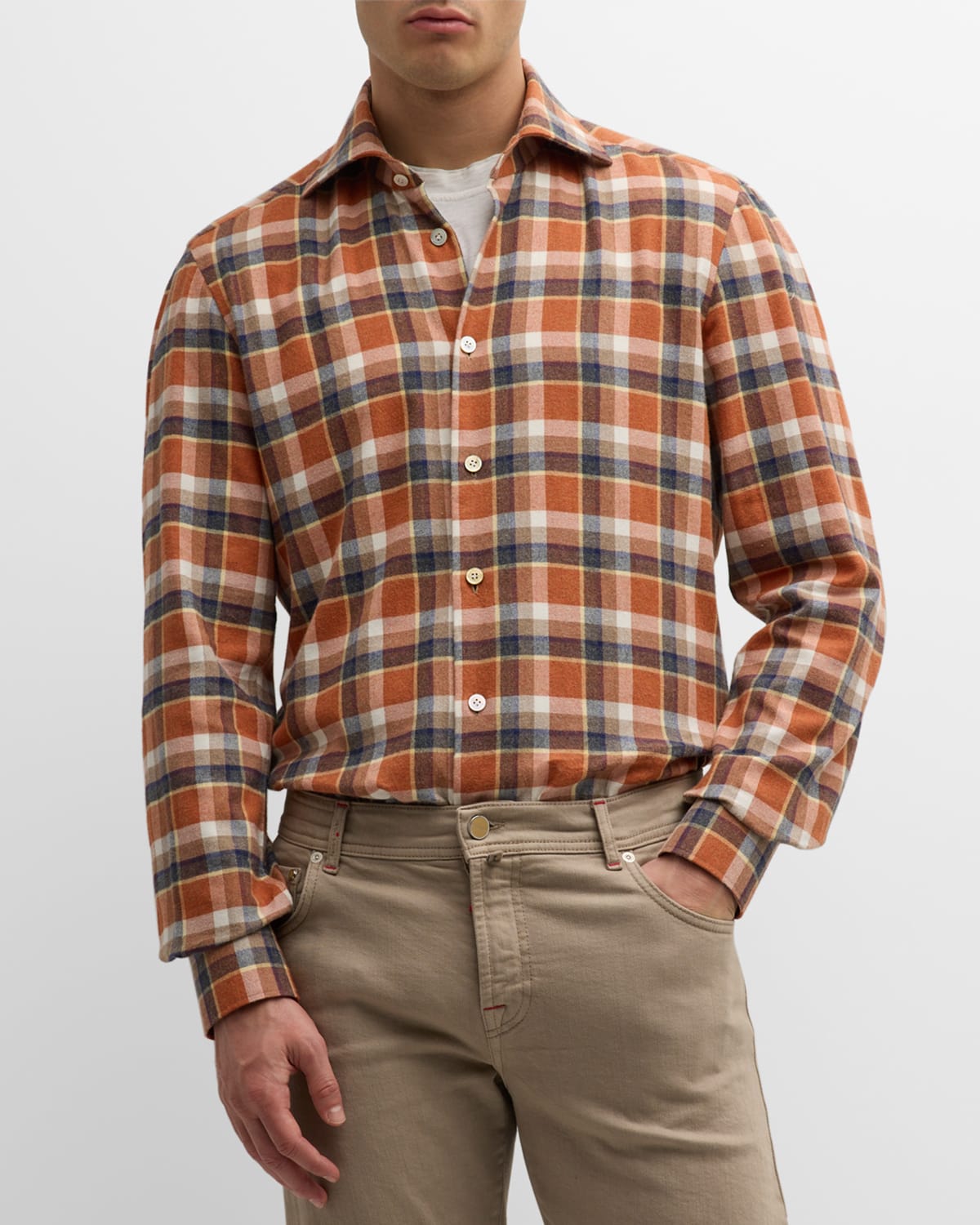 Kiton Men's Cotton Plaid Sport Shirt In Orange Multi