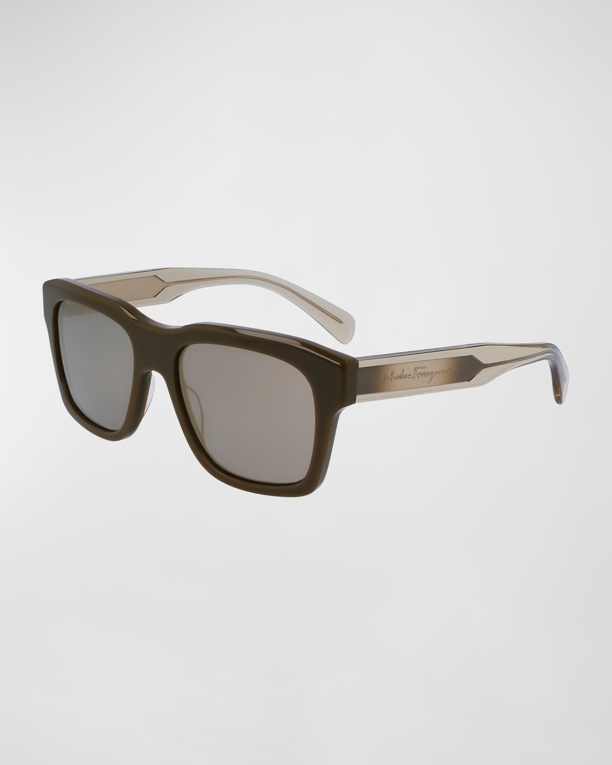 Shop Ferragamo Men's Gradient Temple Square Sunglasses In Dark Khaki