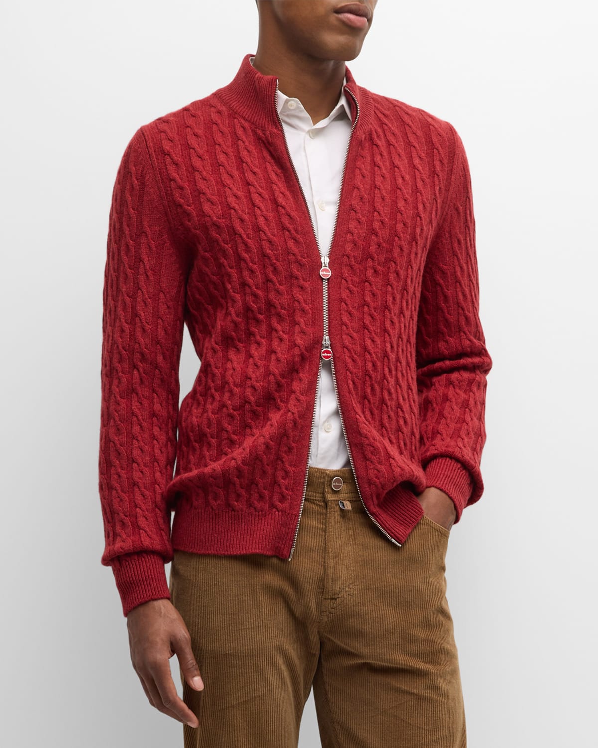 Kiton Men's Cable-knit Full-zip Sweater In Red