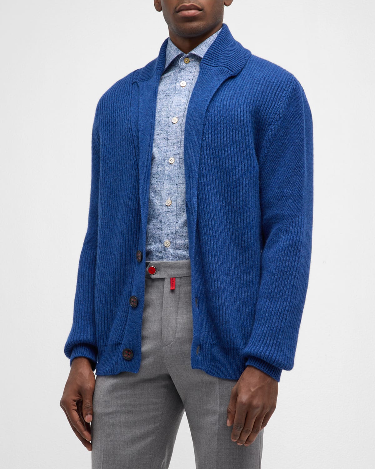 Kiton Men's Ribbed Cashmere Cardigan Sweater In Blue