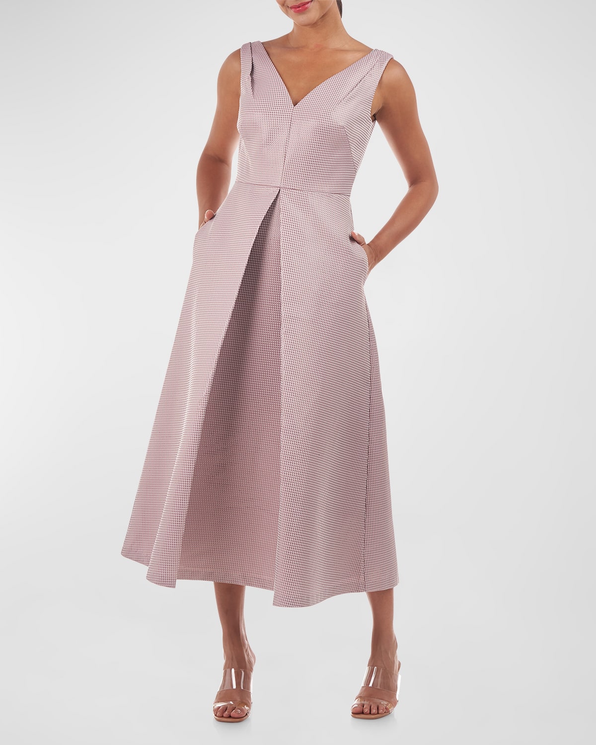 Kay Unger New York Claire Pleated Geo Jacquard Midi Dress