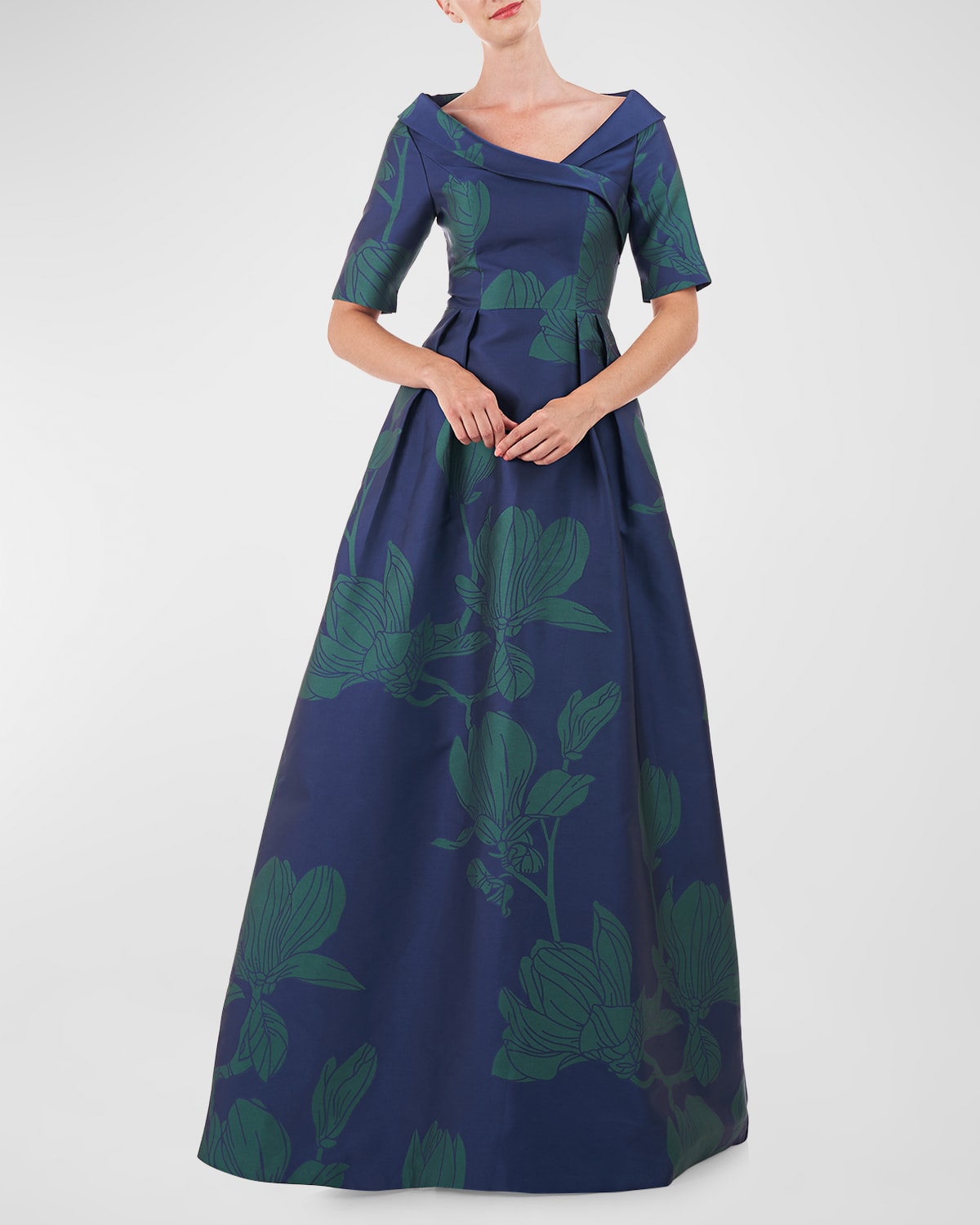 Kay Unger New York Coco Pleated Floral-Print A-Line Gown