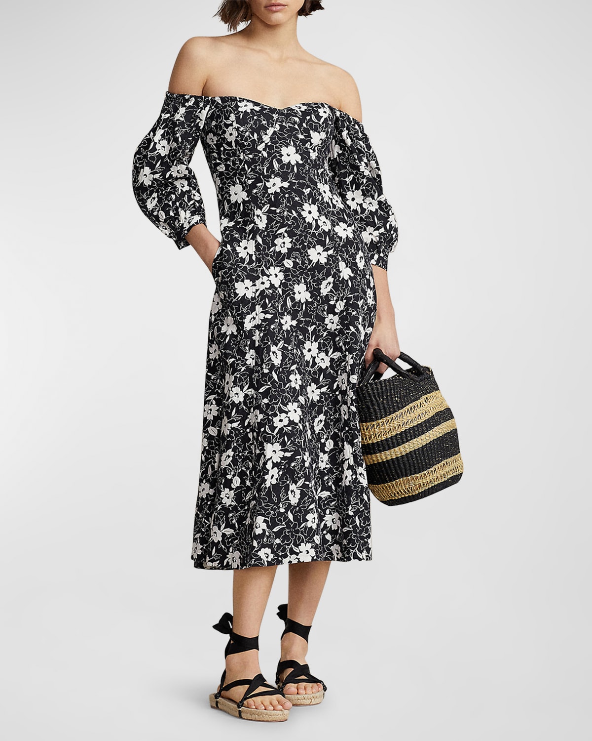 POLO RALPH LAUREN FLORAL OFF-THE-SHOULDER LINEN MIDI DRESS