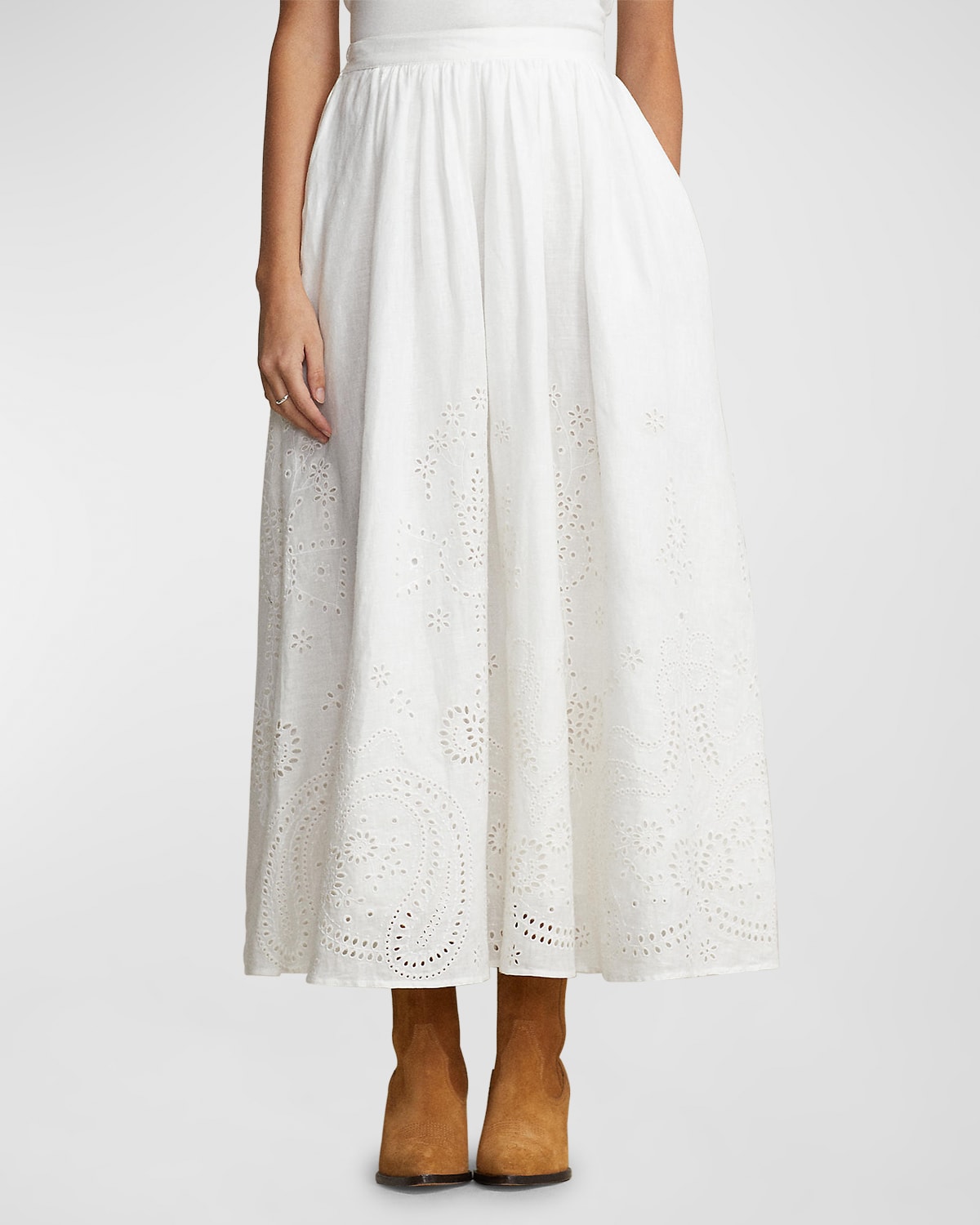 Polo Ralph Lauren Alani Embroidered Eyelet Linen A-line Skirt In White