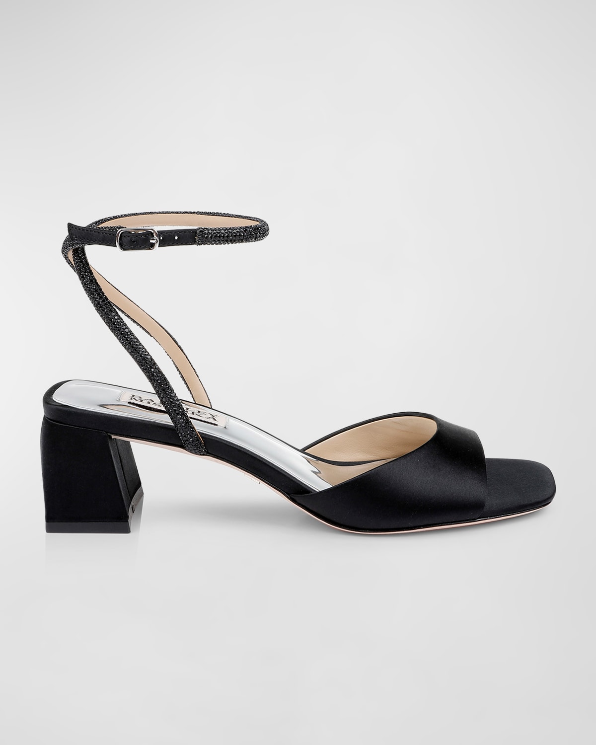 Shop Badgley Mischka Infinity Crystal Satin Block-heel Sandals In Black