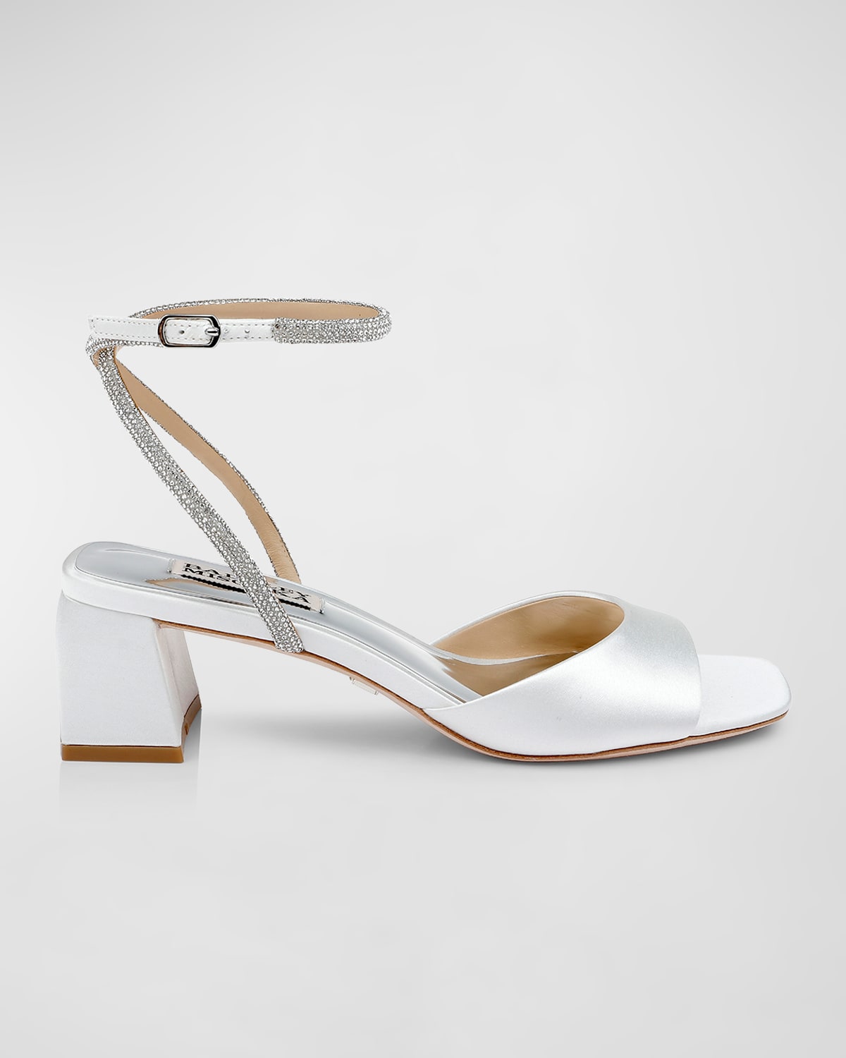 Shop Badgley Mischka Infinity Crystal Satin Block-heel Sandals In Soft White