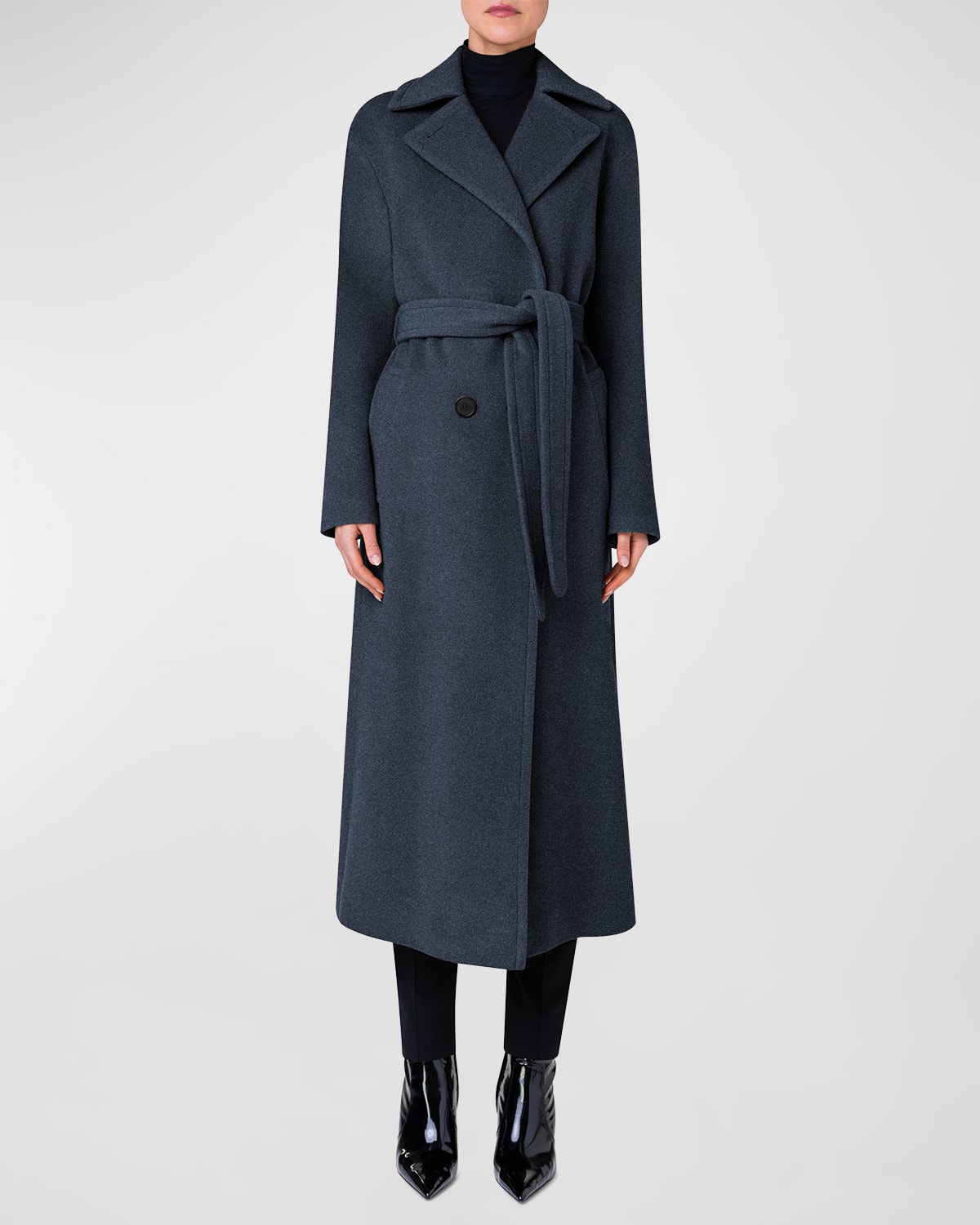 Akris Punto Long Double-breast Belted Wool-cashmere Coat In Charcoal