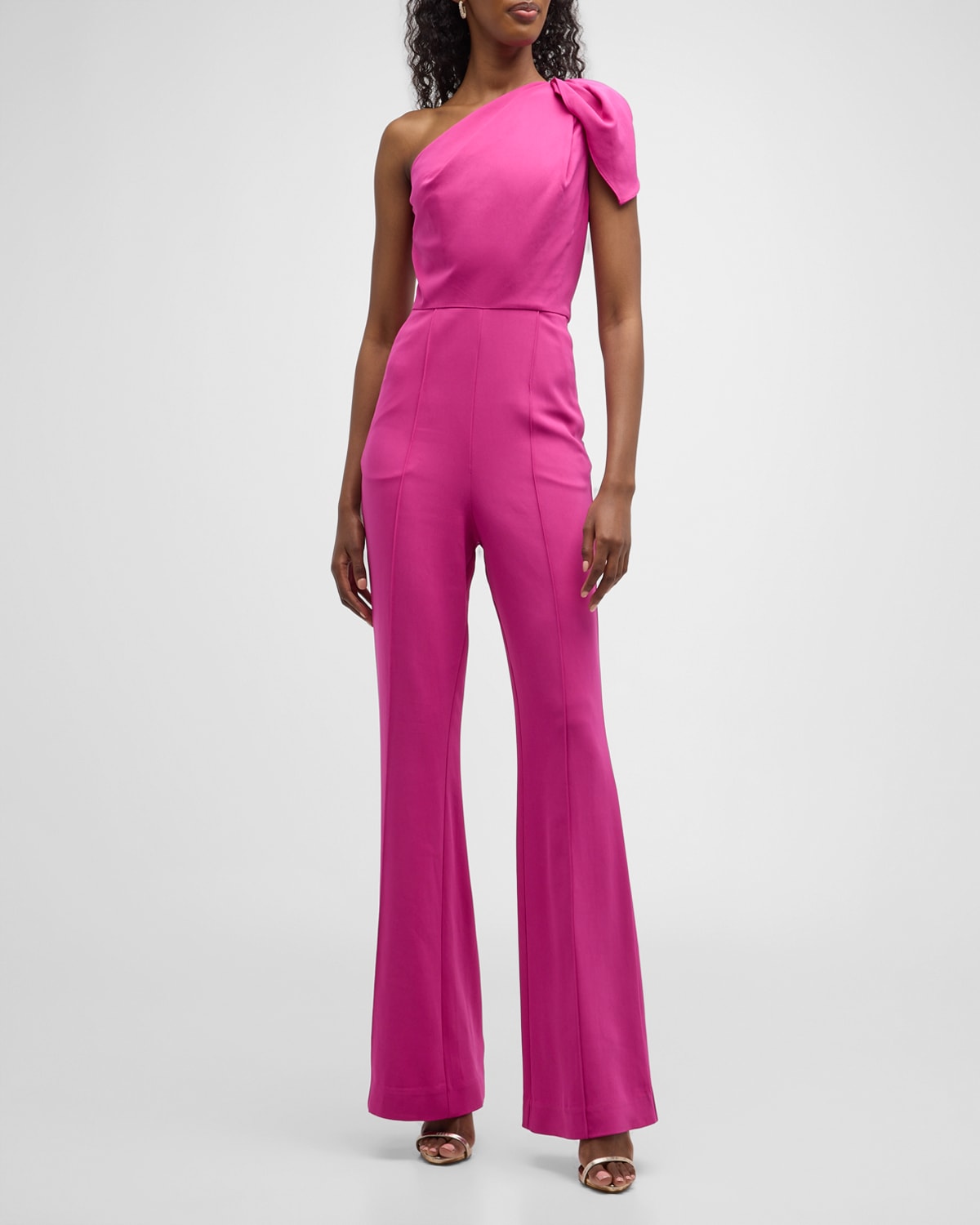 Roland Mouret Asymmetric Bow One-shoulder Flare-leg Stretch Cady Jumpsuit In Pink
