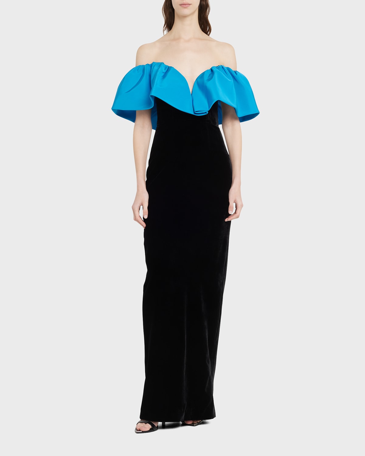 Monique Lhuillier Off-shoulder Column Gown With Ruffle Detail In Cobalt Blue Noir