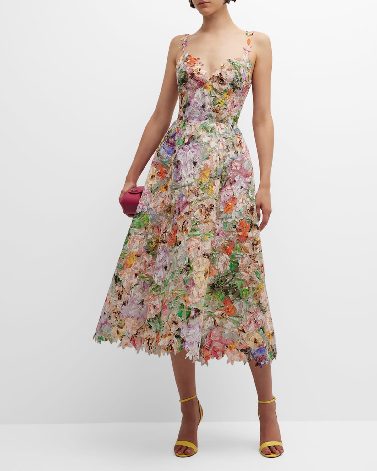 Monique Lhuillier Floral Lace Flared Midi Dress In Silk Whitemulti