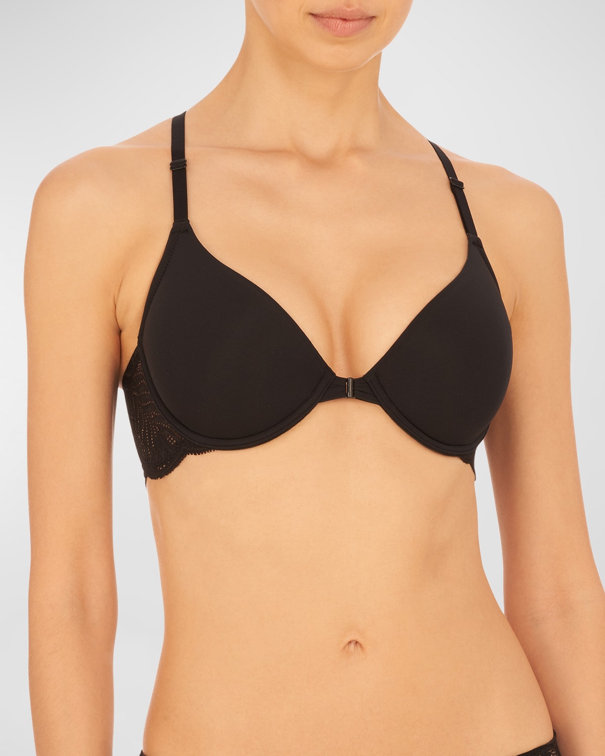 Shop Natori Lush Lace-back Front-closure Contour Bra In Black