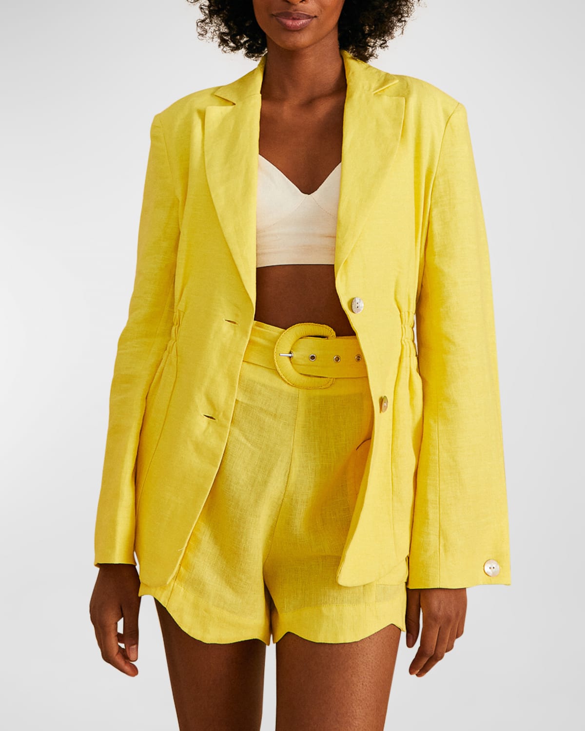 Farm Rio Belted Scalloped Linen Shorts In Bright Yellow