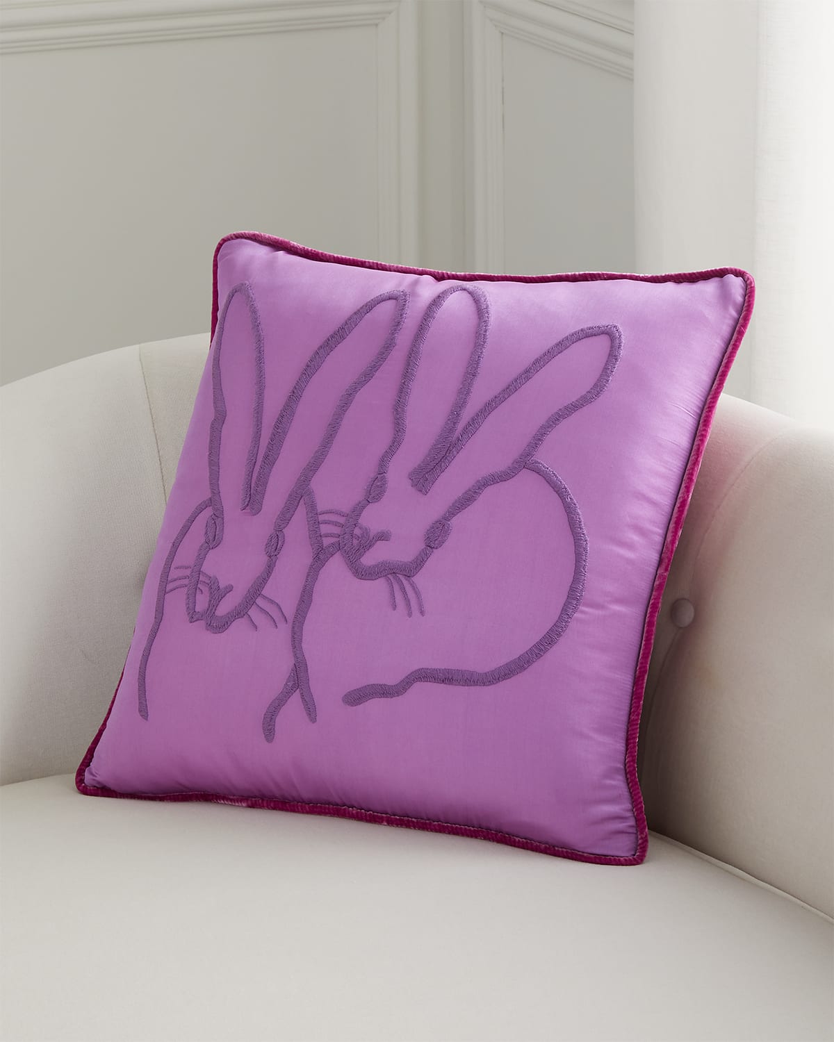 Hunt Slonem Hand-embroidered Silk 2 Bunny Pillow