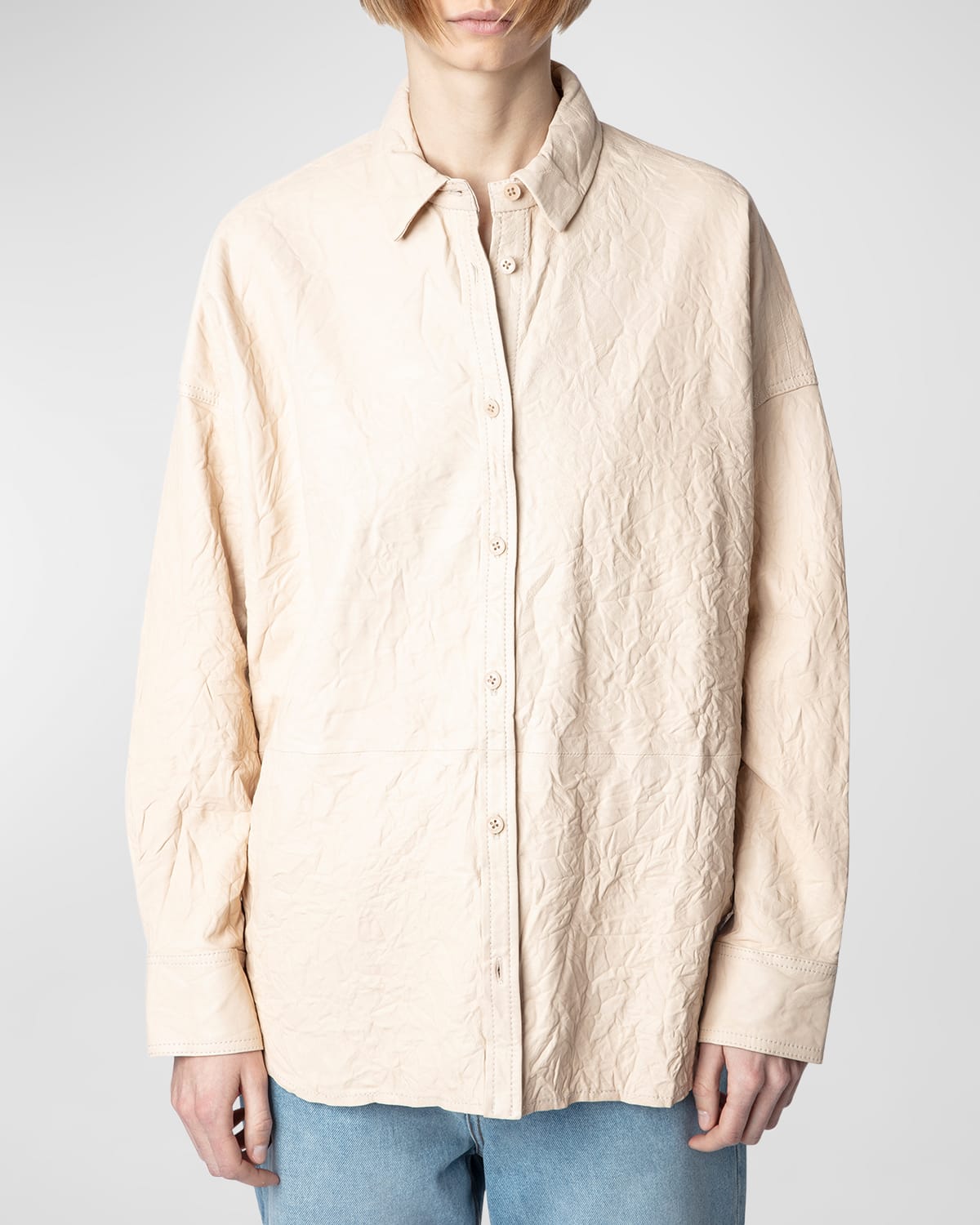 Zadig & Voltaire Tamara Textured Lambskin Leather Shirt In Poudre