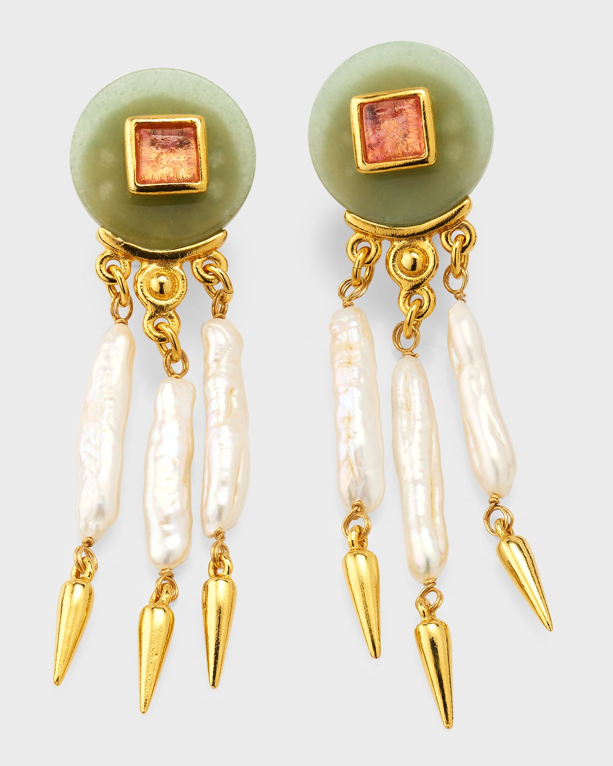 Madre Pearl, Aventurine and Rose Crystal Clip Earrings