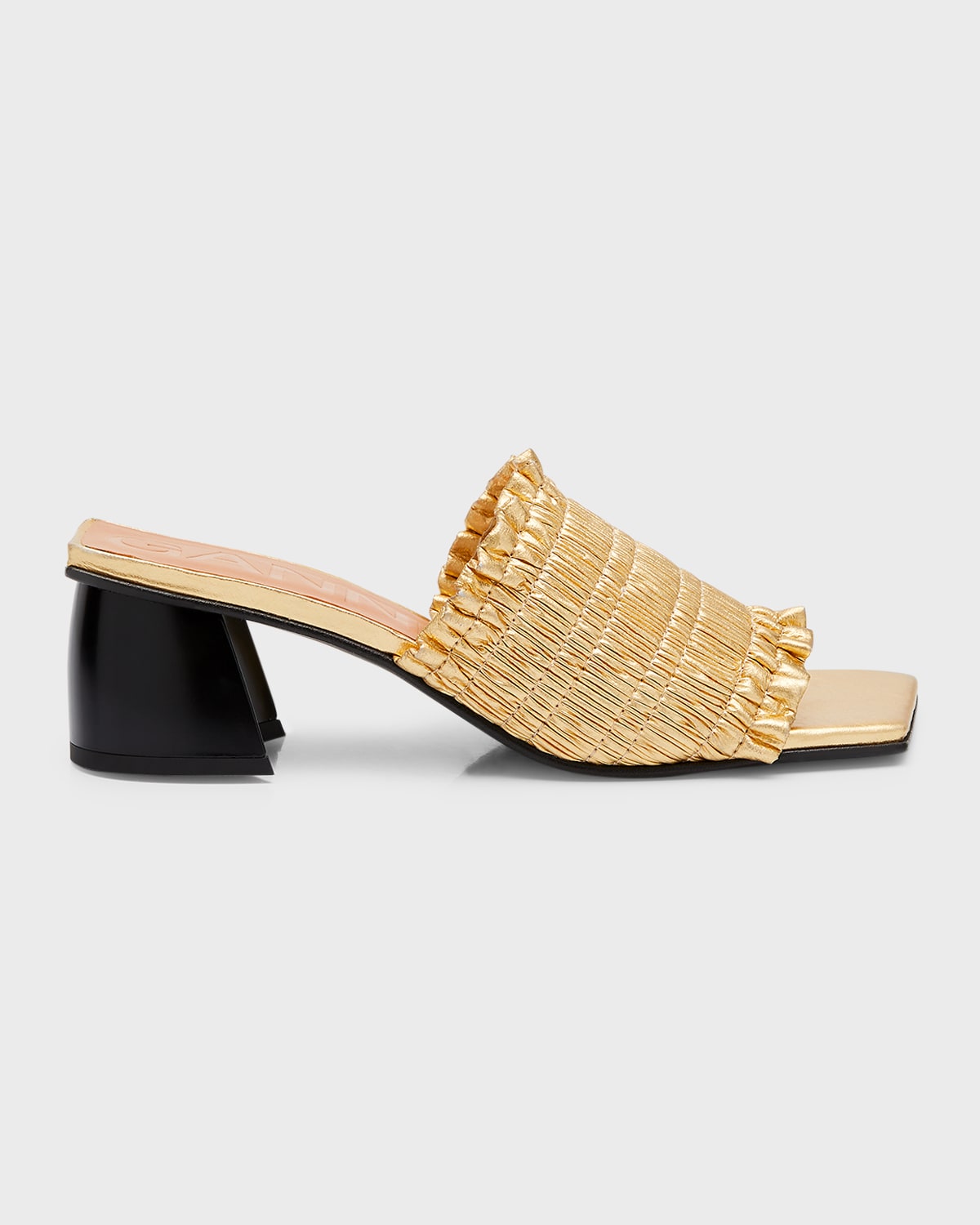 Ganni Smock Metallic Kitten-heel Mules In Gold