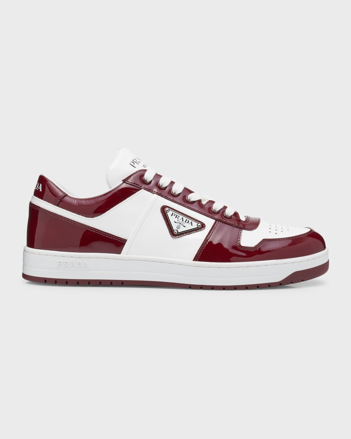 Prada Men's Downtown Patent Leather Low-top Sneakers In Bordeau Bi