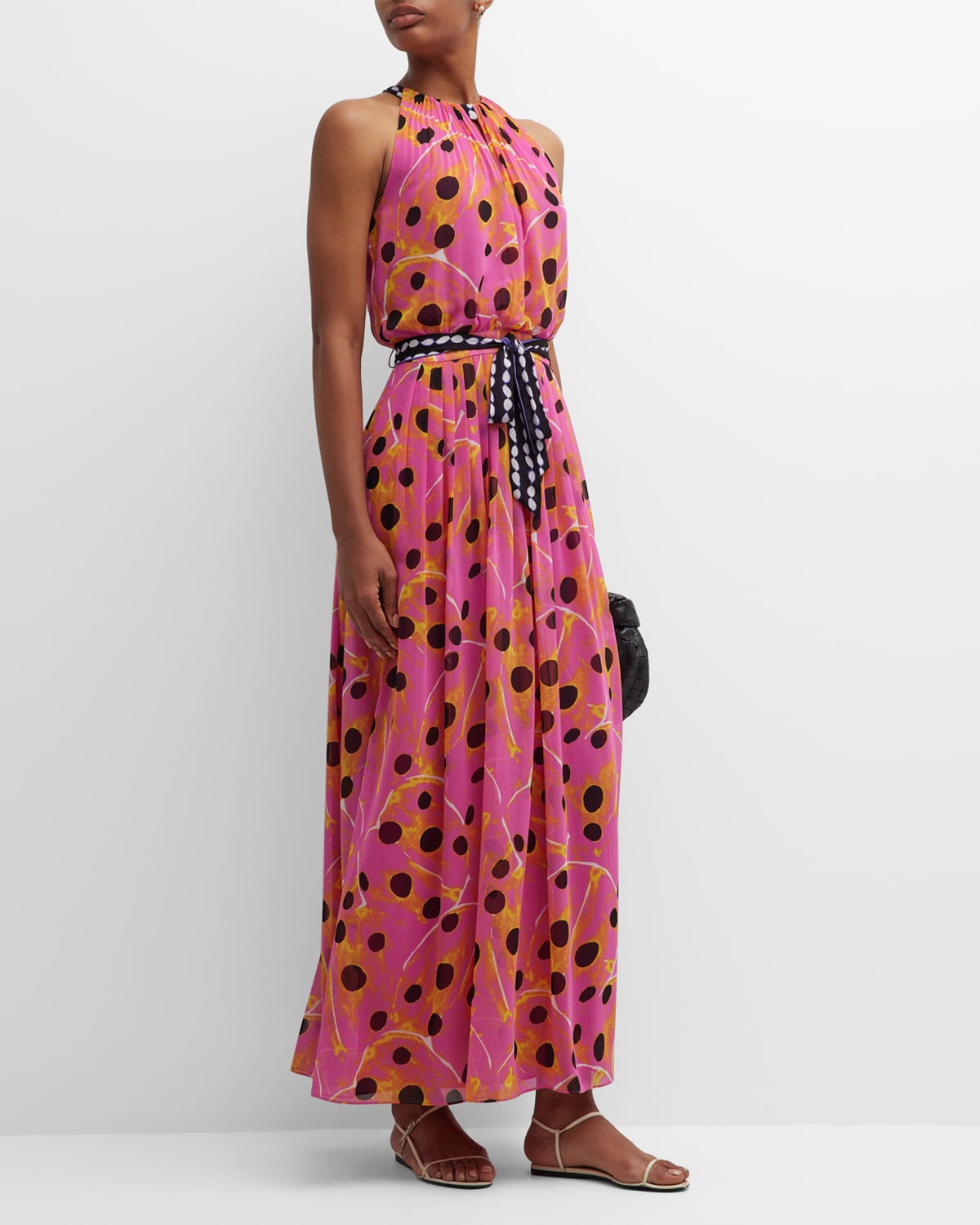 DIANE VON FURSTENBERG MIRIAM PLEATED POLKA-DOT HALTER MAXI DRESS