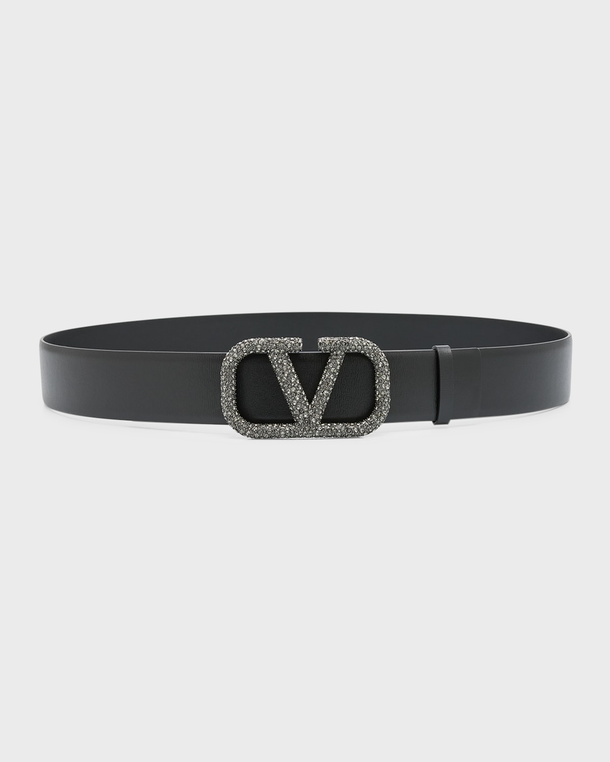Shop Valentino Embellished V-logo Leather Belt In Black Diamond