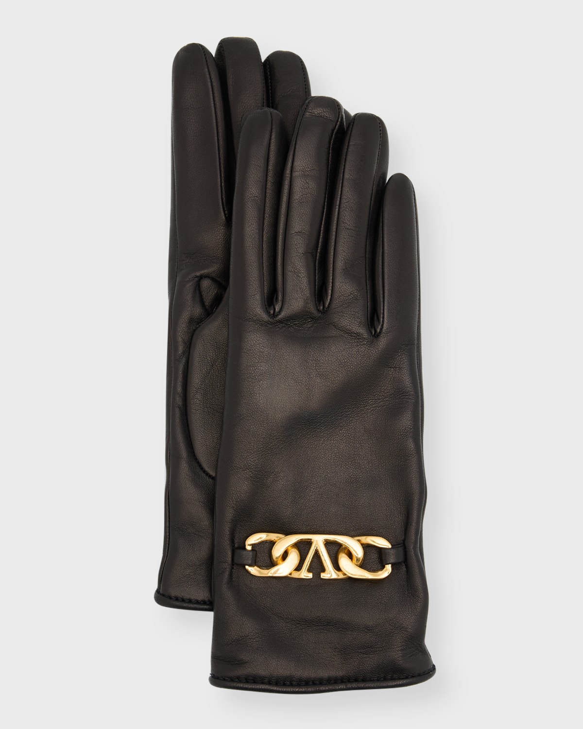 V-Logo Chain Leather & Cashmere Gloves