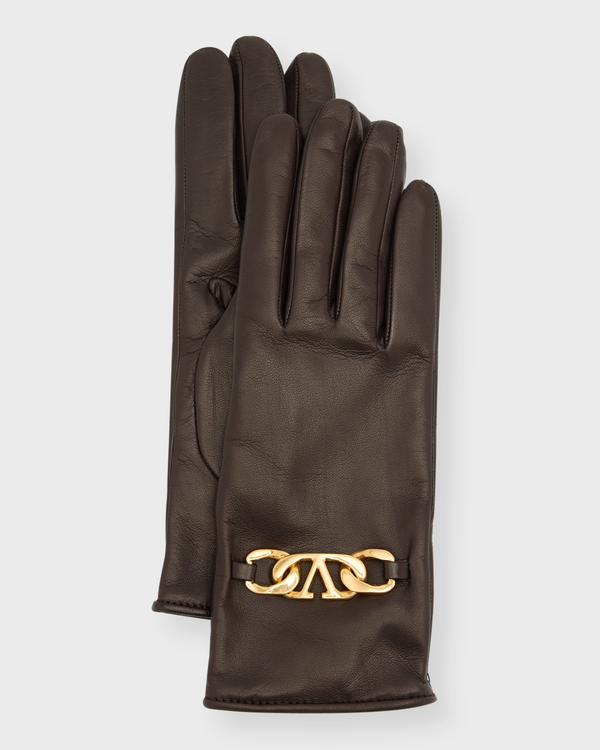 V-Logo Chain Leather & Cashmere Gloves