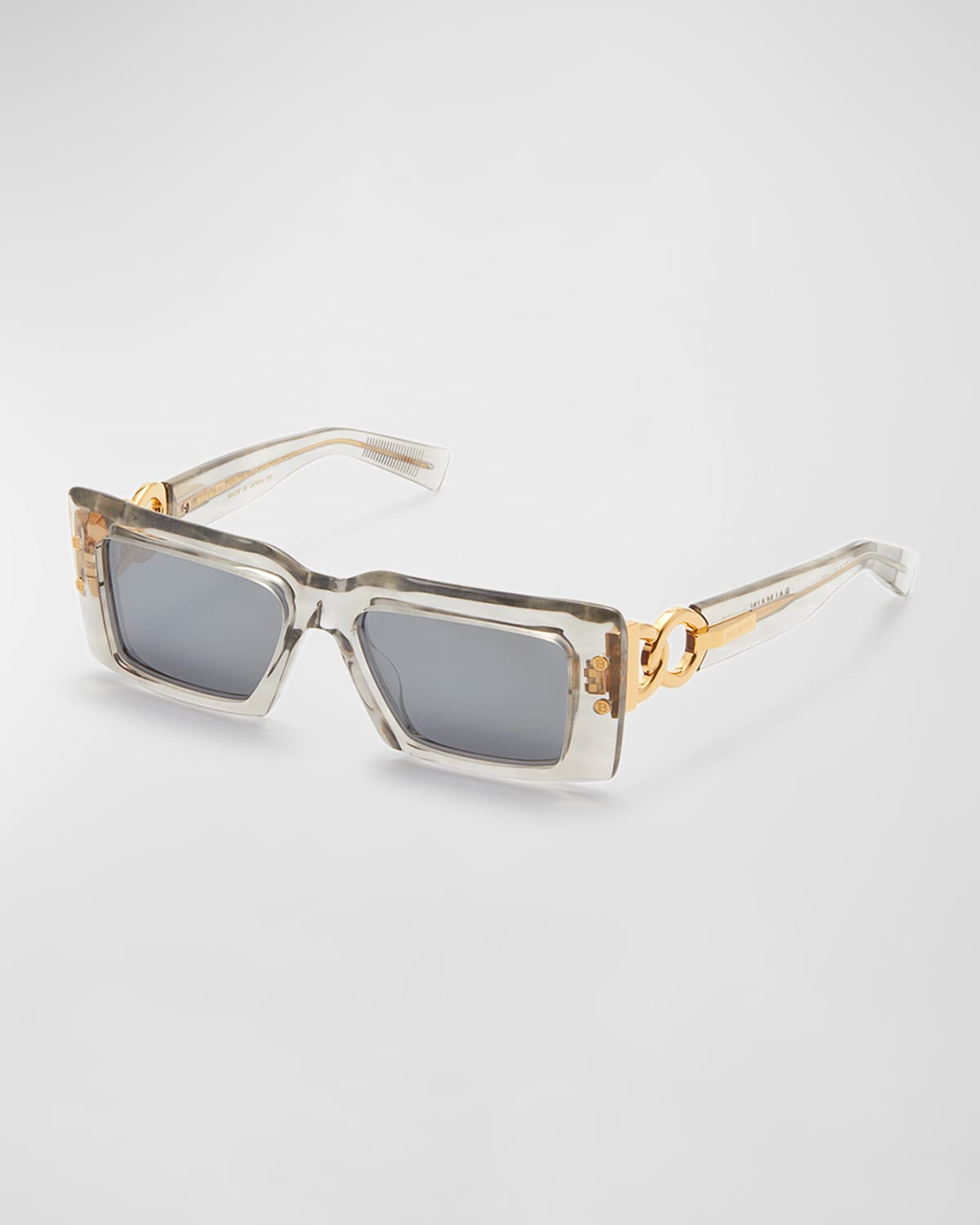 Shop Balmain Imperial Semi-transparent Acetate & Titanium Rectangle Sunglasses In Gry-gld