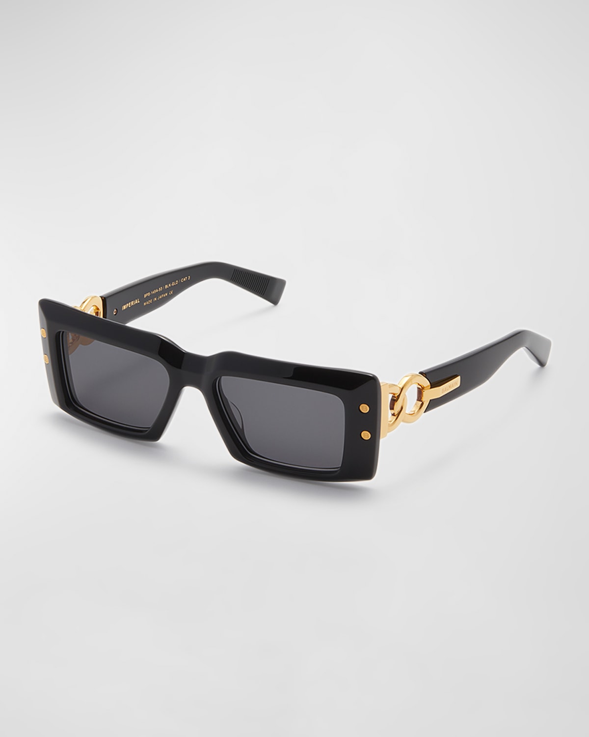 Balmain Imperial Black Acetate & Titanium Rectangle Sunglasses In Blk-gld