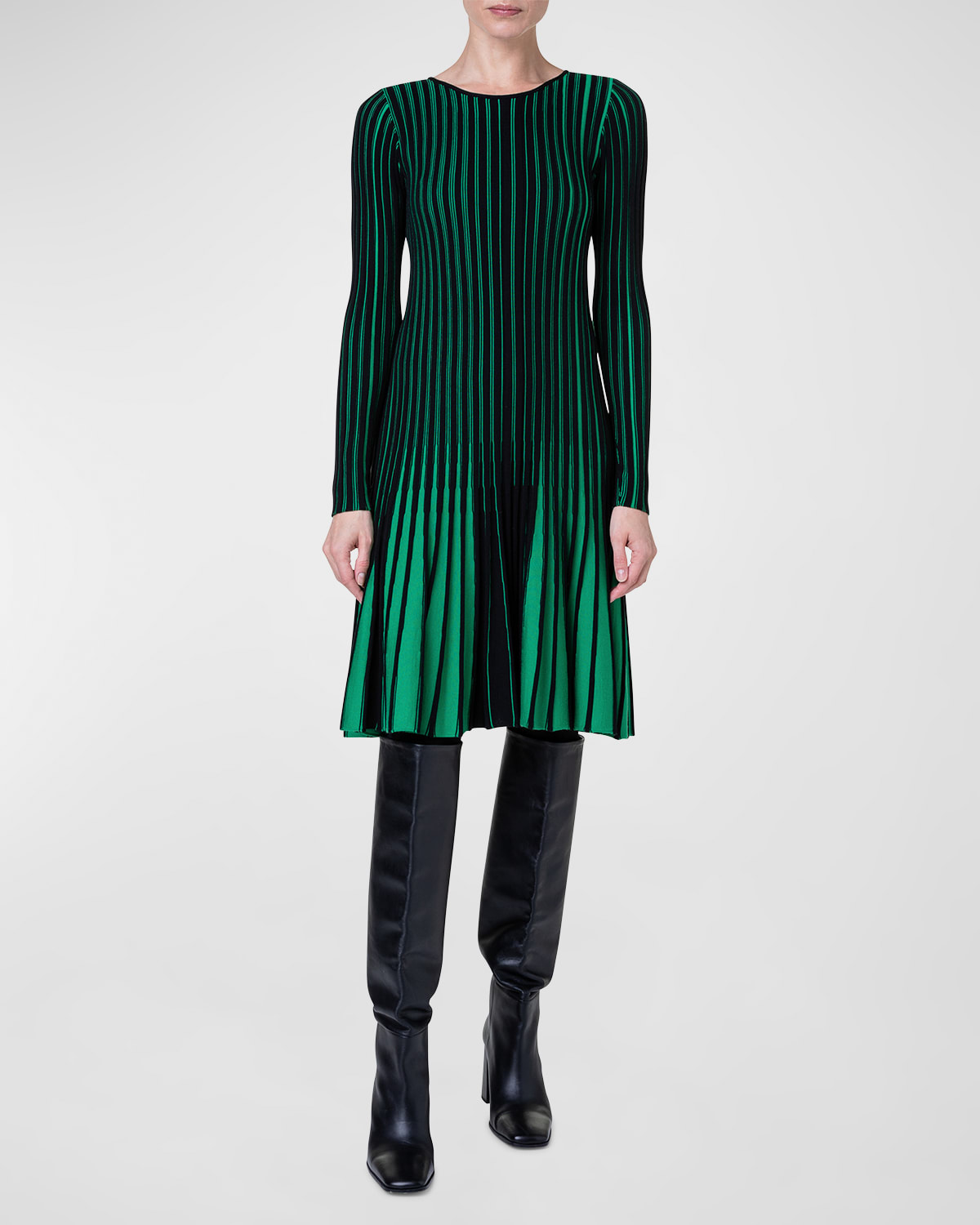 Akris Punto Contrast Ribbed Merino Wool Knit Short Dress In Black-tech Green