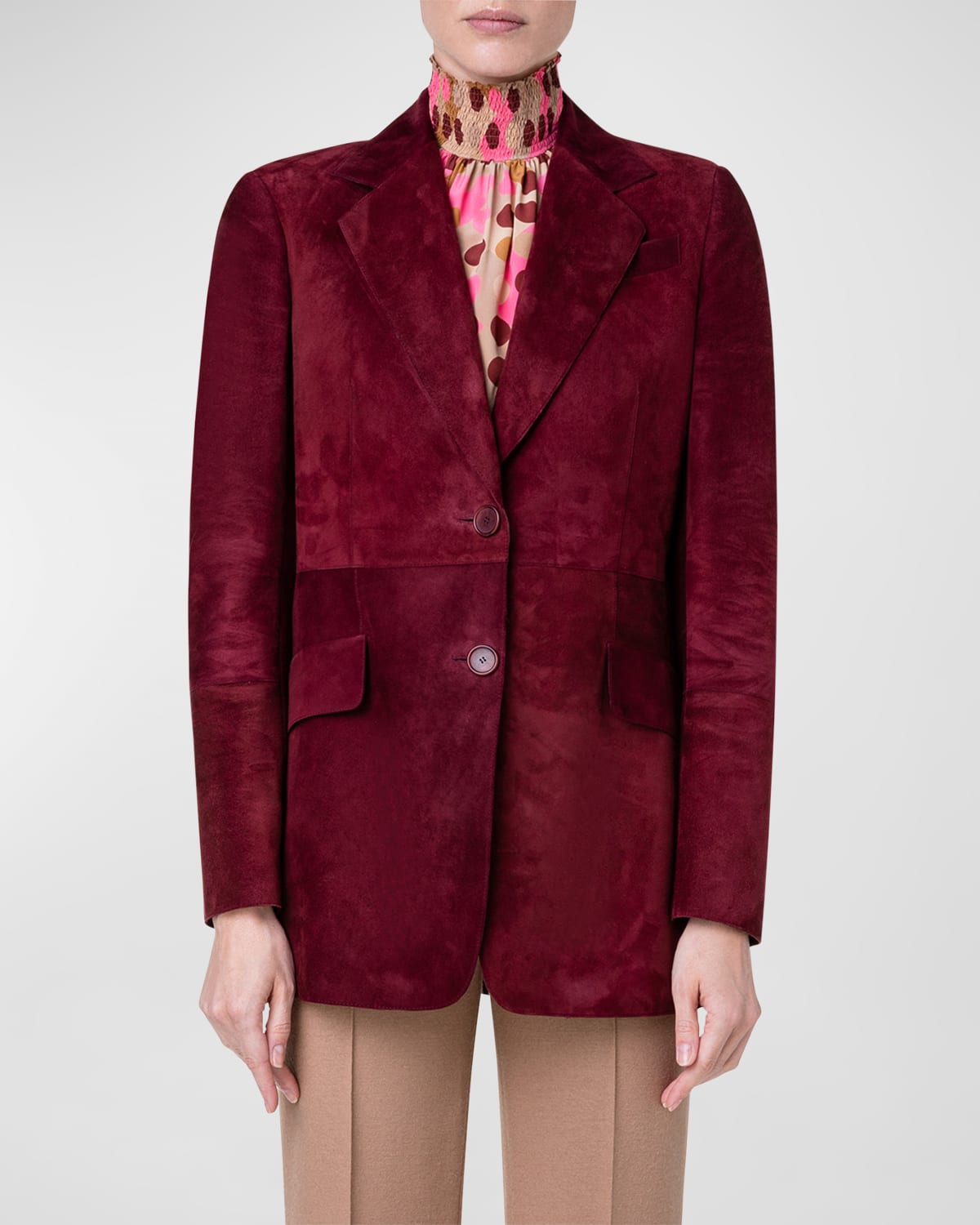 Akris Punto Suede Tailored Blazer Jacket In Garnet