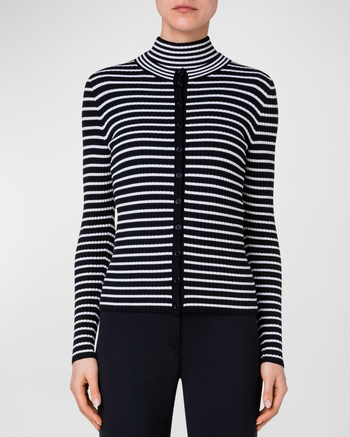 Akris Punto Stripe Virgin Wool Rib Cardigan In Black-cream