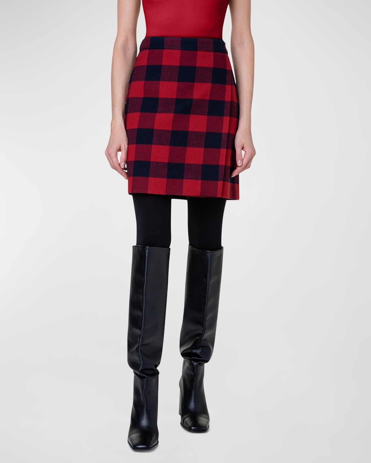 Akris Punto Xl Gingham Wool blend Tweed Wrap Skirt In Crimson Navy